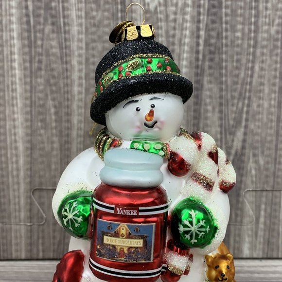 Glass Snowman Christmas Ornament Holding Yankee Candle - Picture 1 of 13